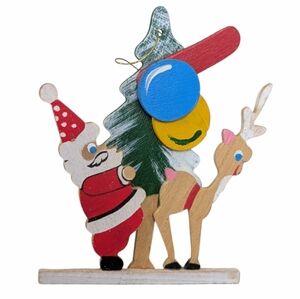 Vintage Schmidt Emgee Playful Santa Reindeer Christmas Ornament Wooden Painted